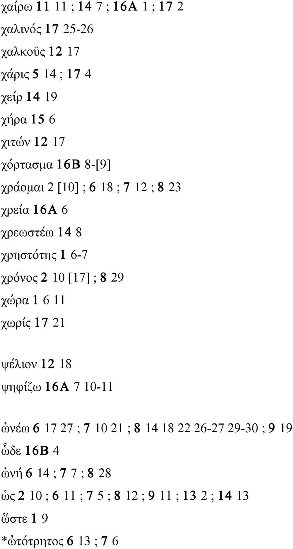 [17] ; 8 29 χώρα 1 6 11 χωρίς 17 21 ψέλιον 12 18 ψηφίζω 16A 7 10-11 ὠνέω 6 17 27 ; 7 10 21 ; 8 14 18 22 26-27