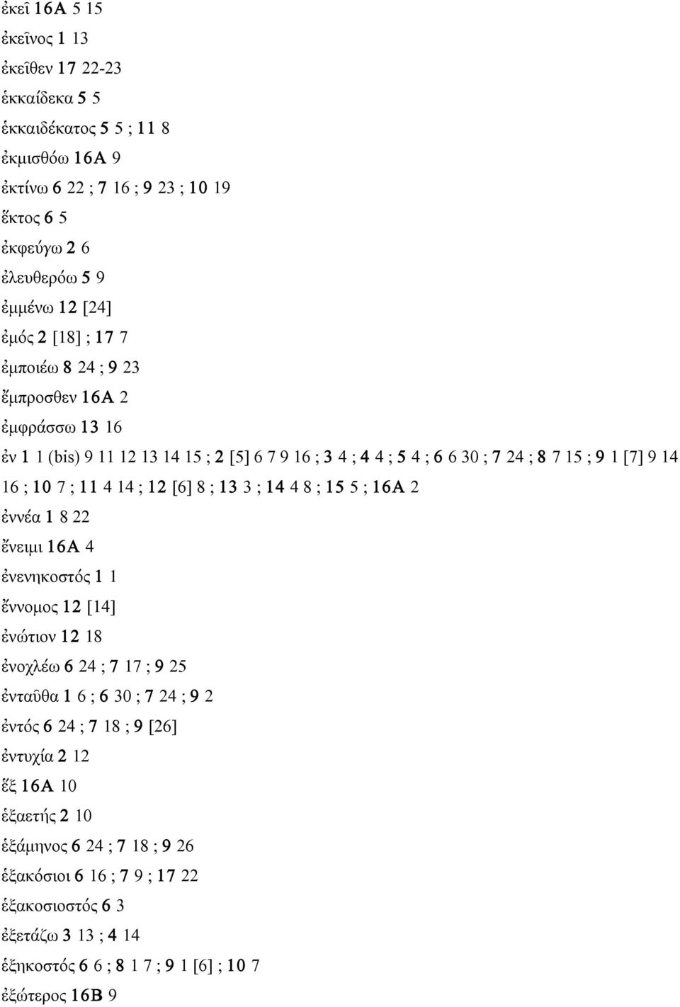 12 [6] 8 ; 13 3 ; 14 4 8 ; 15 5 ; 16A 2 ἐννέα 1 8 22 ἔνειµι 16A 4 ἐνενηκοστός 1 1 ἔννοµος 12 [14] ἐνώτιον 12 18 ἐνοχλέω 6 24 ; 7 17 ; 9 25 ἐνταῦθα 1 6 ; 6 30 ; 7 24 ; 9 2 ἐντός 6 24 ; 7 18