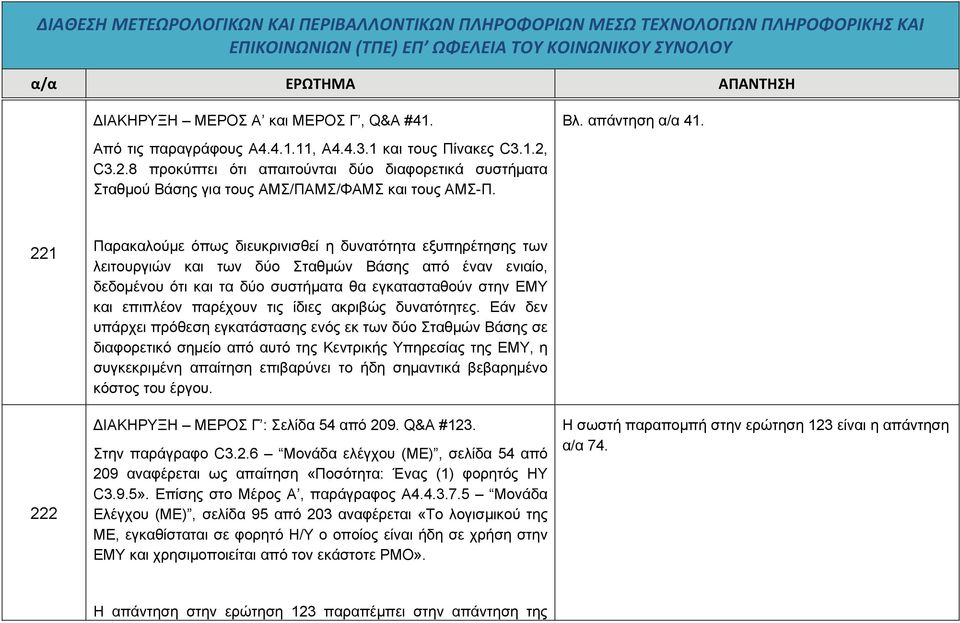 221 222 Παρακαλούμε όπως διευκρινισθεί η δυνατότητα εξυπηρέτησης των λειτουργιών και των δύο Σταθμών Βάσης από έναν ενιαίο, δεδομένου ότι και τα δύο συστήματα θα εγκατασταθούν στην ΕΜΥ και επιπλέον
