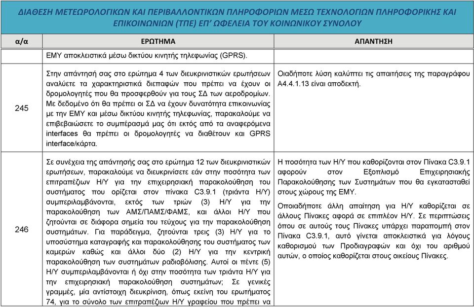 Με δεδομένο ότι θα πρέπει οι ΣΔ να έχουν δυνατότητα επικοινωνίας με την ΕΜΥ και μέσω δικτύου κινητής τηλεφωνίας, παρακαλούμε να επιβεβαιώσετε το συμπέρασμά μας ότι εκτός από τα αναφερόμενα interfaces