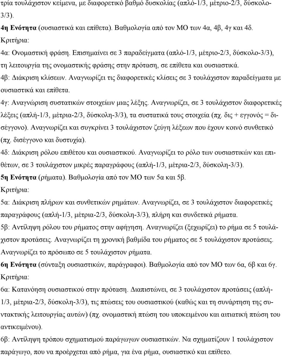 Αναγνωρίζει τις διαφορετικές κλίσεις σε 3 τουλάχιστον παραδείγµατα µε ουσιαστικά και επίθετα. 4γ: Αναγνώριση συστατικών στοιχείων µιας λέξης.