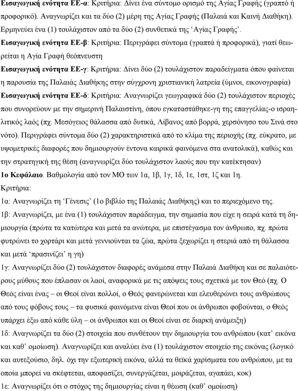 Εισαγωγική ενότητα ΕΕ-β: Περιγράφει σύντοµα (γραπτά ή προφορικά), γιατί θεωρείται η Αγία Γραφή θεόπνευστη Εισαγωγική ενότητα ΕΕ-γ: ίνει δύο (2) τουλάχιστον παραδείγµατα όπου φαίνεται η παρουσία της