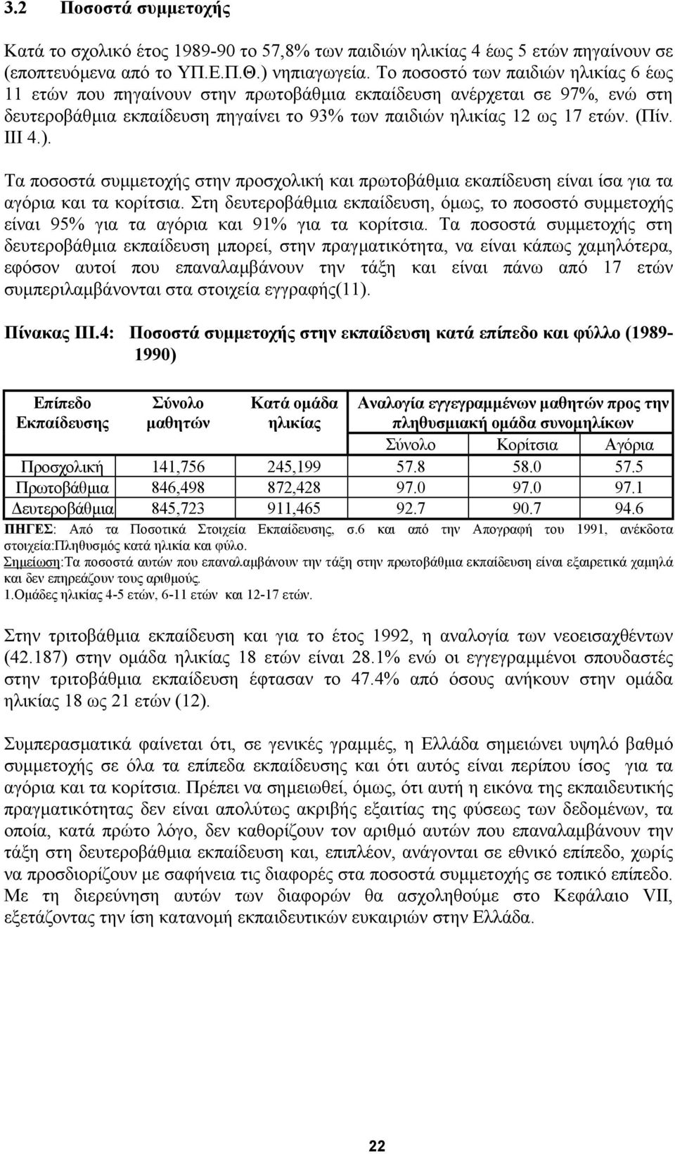 ΙΙΙ 4.). Τα ποσοστά συµµετοχής στην προσχολική και πρωτοβάθµια εκαπίδευση είναι ίσα για τα αγόρια και τα κορίτσια.