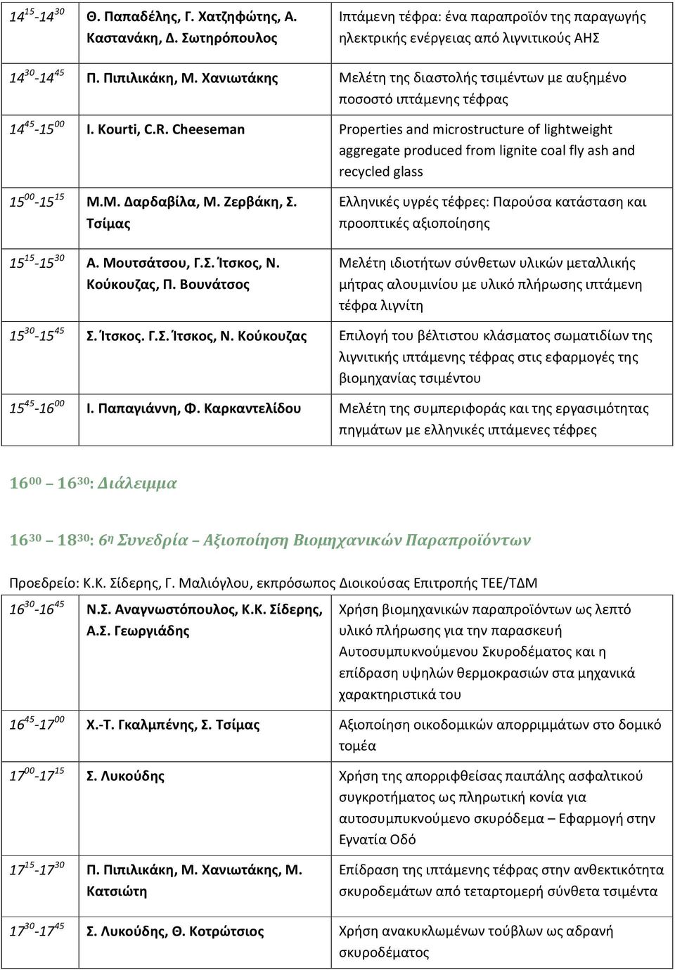 Cheeseman Properties and microstructure of lightweight aggregate produced from lignite coal fly ash and recycled glass 15 00-15 15 Μ.Μ. Δαρδαβίλα, Μ. Ζερβάκη, Σ. Τσίμας 15 15-15 30 Α. Μουτσάτσου, Γ.Σ. Ίτσκος, Ν.