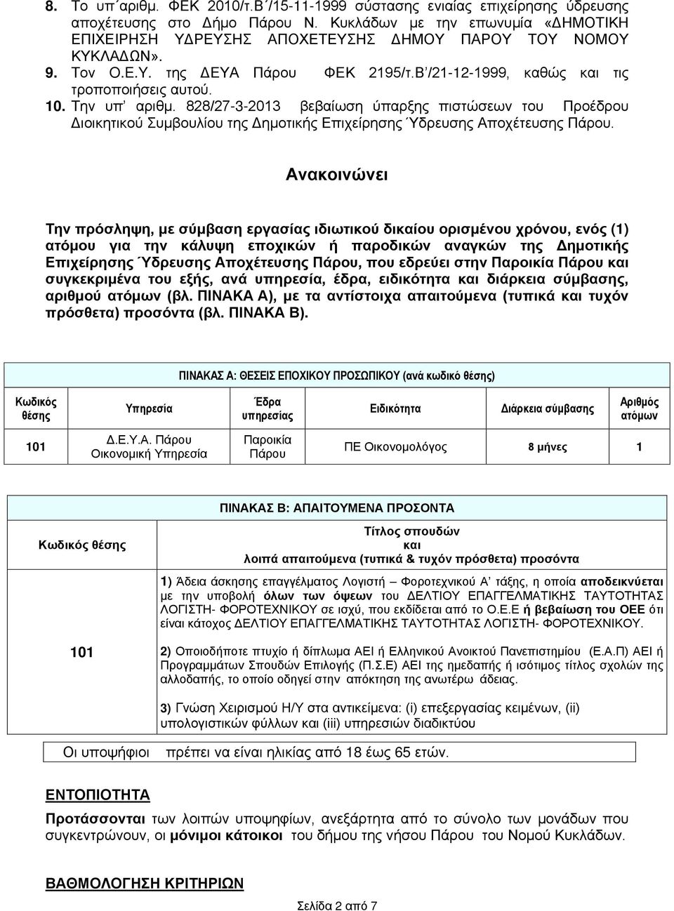 Την υπ αριθμ. 828/27-3-2013 βεβαίωση ύπαρξης πιστώσεων του Προέδρου Διοικητικού Συμβουλίου της Δημοτικής Επιχείρησης Ύδρευσης Αποχέτευσης Πάρου.