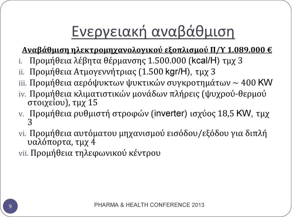 Προμήθεια αερόψυκτων ψυκτικών συγκροτημάτων ~ 400 KW iv.