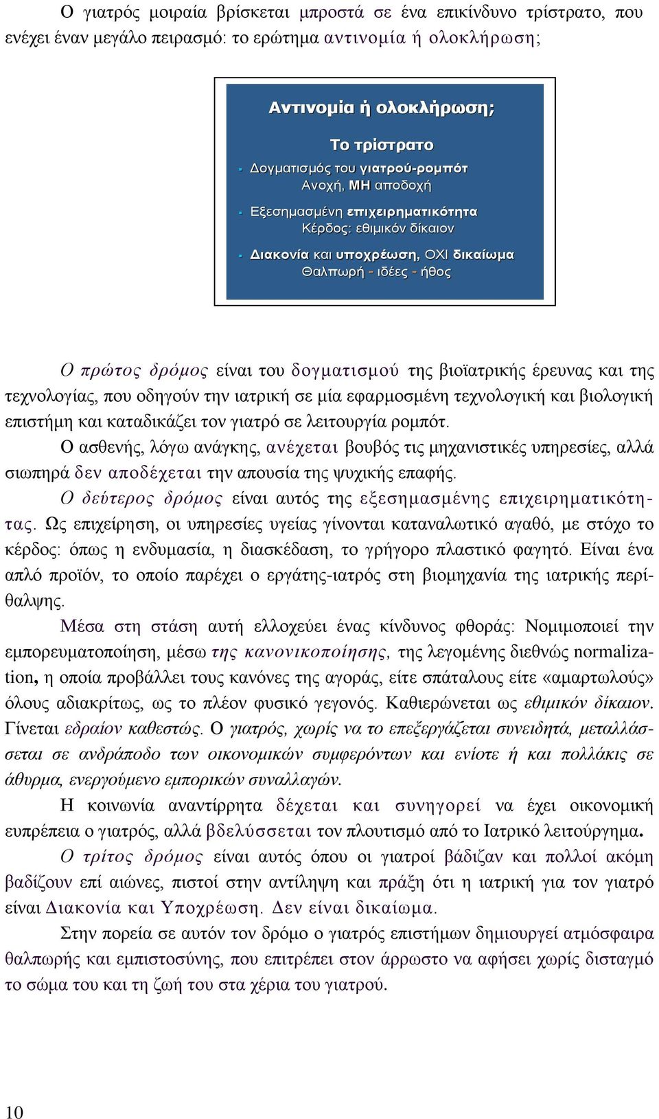 βιοϊατρικής έρευνας και της τεχνολογίας, που οδηγούν την ιατρική σε μία εφαρμοσμένη τεχνολογική και βιολογική επιστήμη και καταδικάζει τον γιατρό σε λειτουργία ρομπότ.