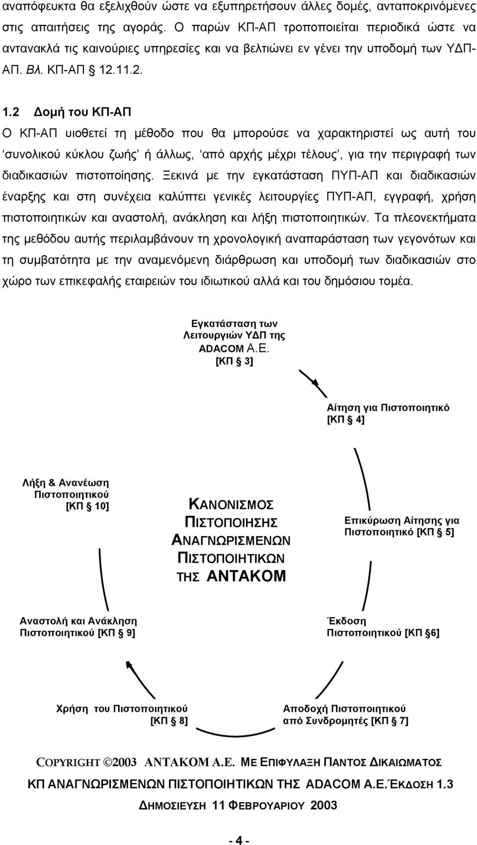 .11.2. 1.2 Δομή του ΚΠ-ΑΠ Ο ΚΠ-ΑΠ υιοθετεί τη μέθοδο που θα μπορούσε να χαρακτηριστεί ως αυτή του συνολικού κύκλου ζωής ή άλλως, από αρχής μέχρι τέλους, για την περιγραφή των διαδικασιών πιστοποίησης.