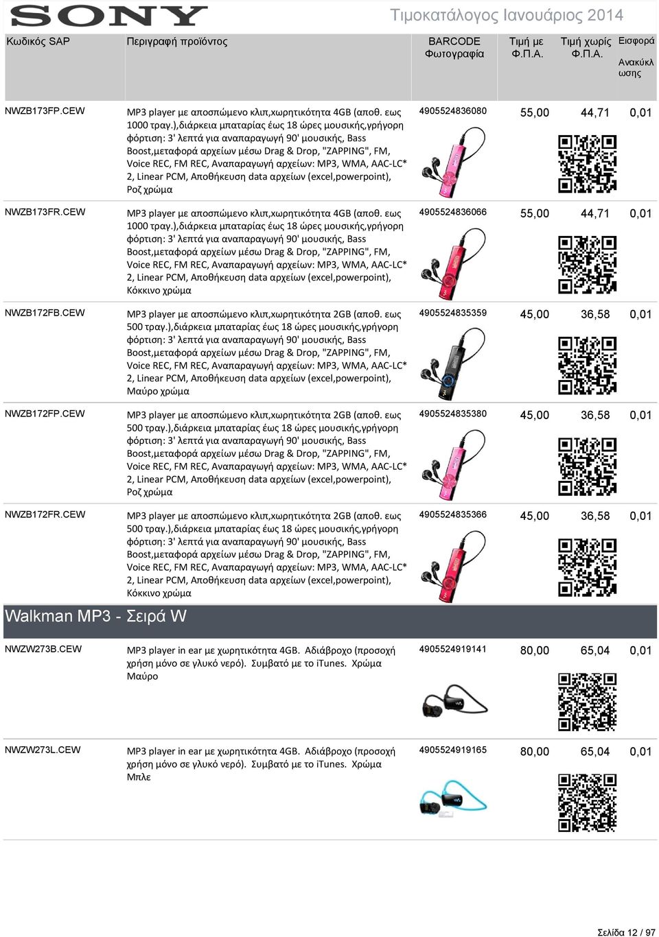 MP3, WMA, AAC LC* 2, Linear PCM, Αποθήκευση data αρχείων (excel,powerpoint), Ροζ χρώμα 4905524836080 55,00 44,71 0,01 NWZB173FR.CEW MP3 player με αποσπώμενο κλιπ,xωρητικότητα 4GB (αποθ. εως 1000 τραγ.