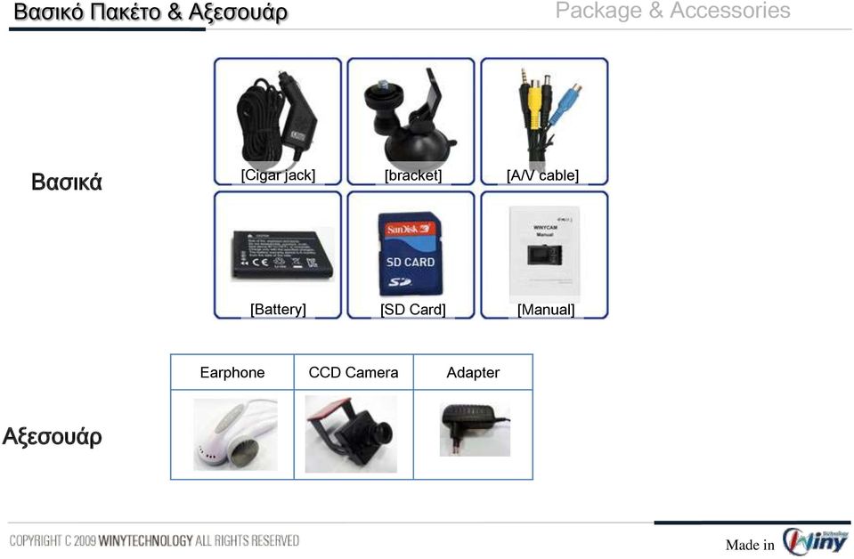 [bracket] [A/V cable] [Battery] [SD