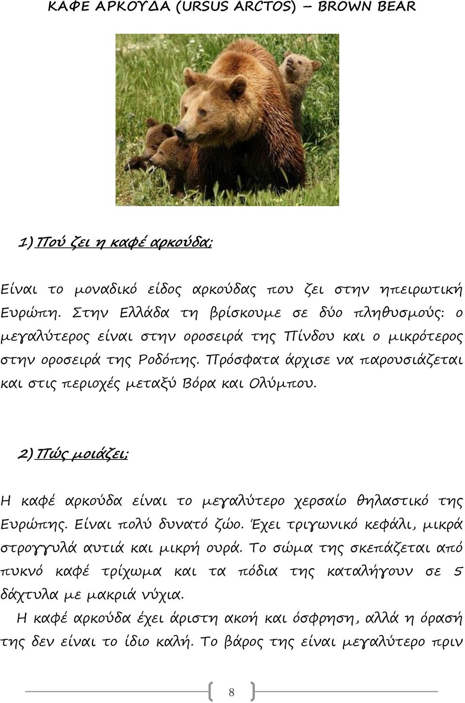 Πρόσφατα άρχισε να παρουσιάζεται και στις περιοχές μεταξύ Βόρα και Ολύμπου. 2) Πώς μοιάζει; Η καφέ αρκούδα είναι το μεγαλύτερο χερσαίο θηλαστικό της Ευρώπης. Είναι πολύ δυνατό ζώο.