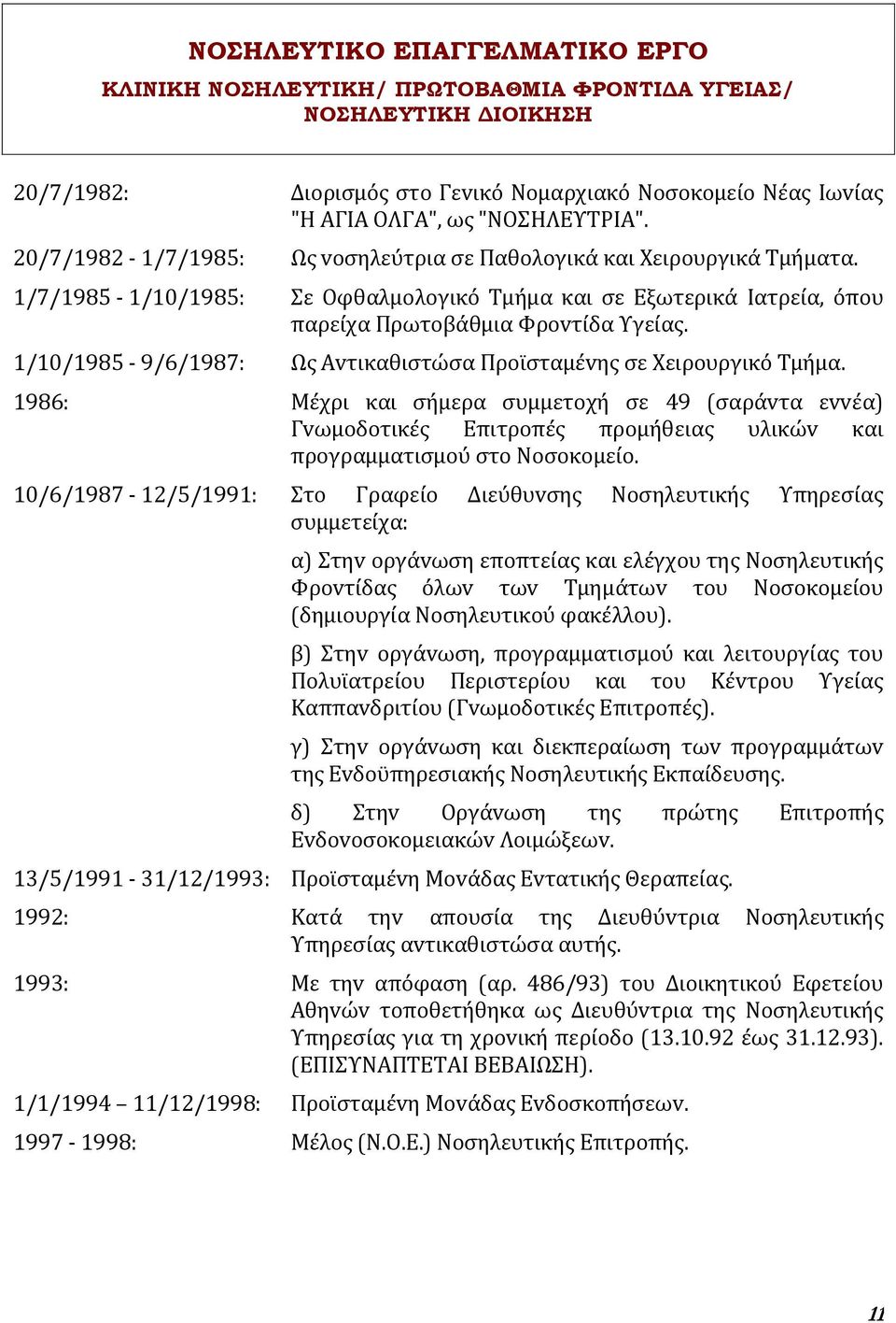 1/10/1985-9/6/1987: Ψσ Αvτικαθιςτώςα Πρoώςταμϋvησ ςε Φειρoυργικό Σμόμα.