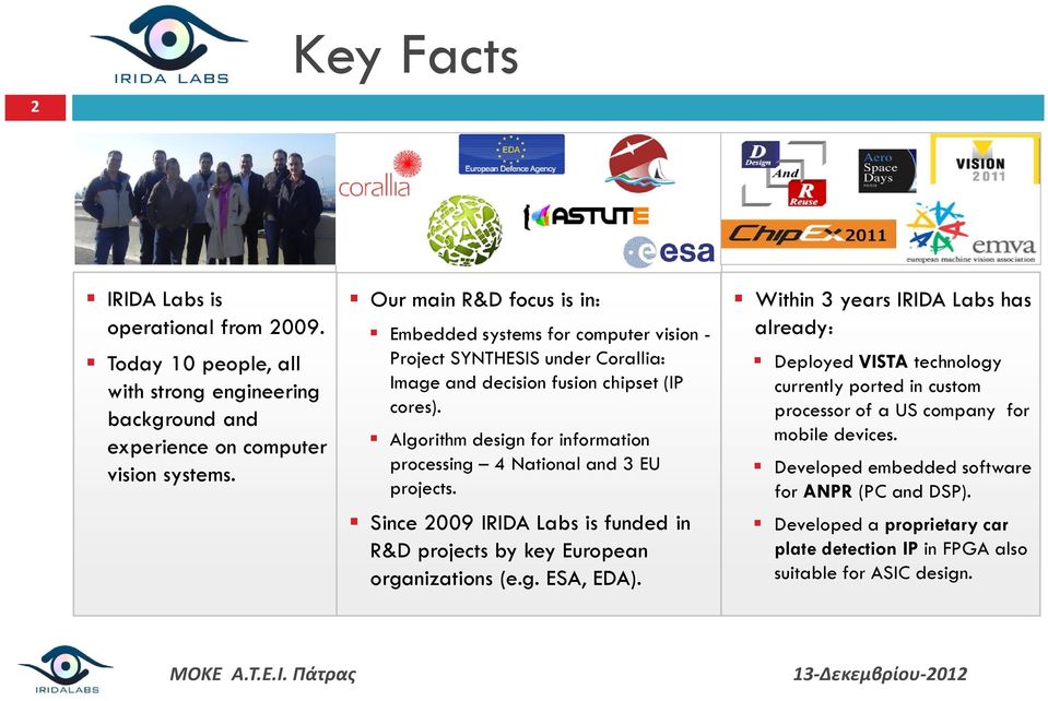 Algorithm design for information processing 4 National and 3 EU projects. Since 2009 IRIDA Labs is funded in R&D projects by key European organizations (e.g. ESA, EDA).