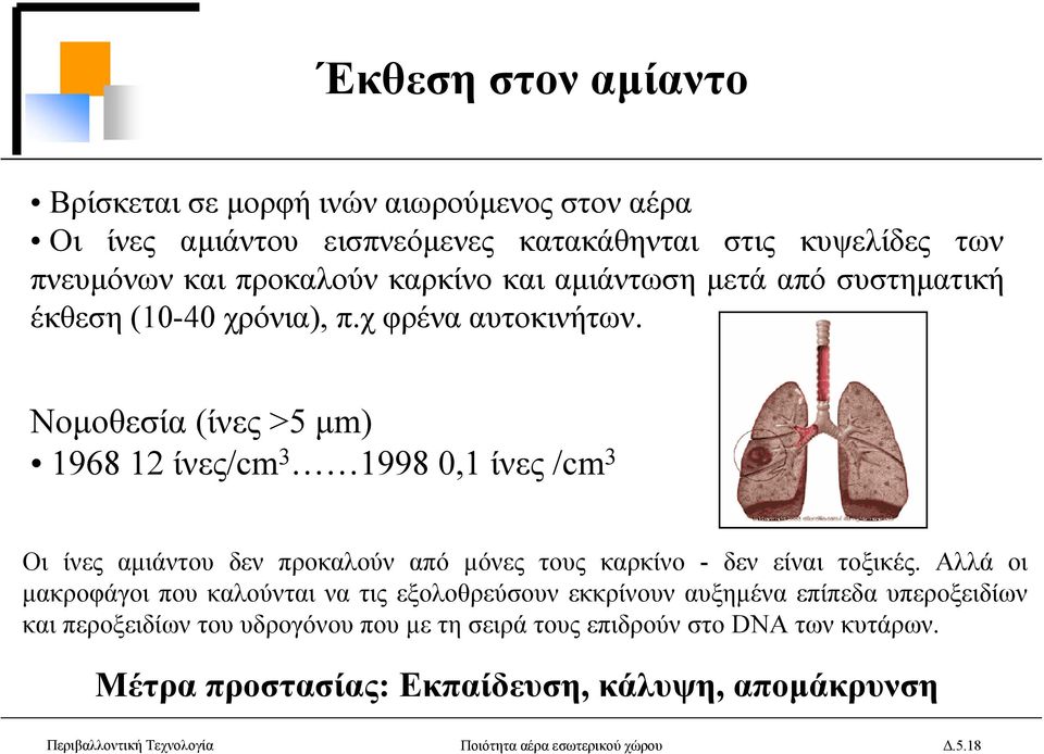 Νοµοθεσία (ίνες >5 µm) 1968 12 ίνες/cm 3 1998 0,1 ίνες /cm 3 Οι ίνες αµιάντου δεν προκαλούν από µόνες τους καρκίνο - δεν είναι τοξικές.