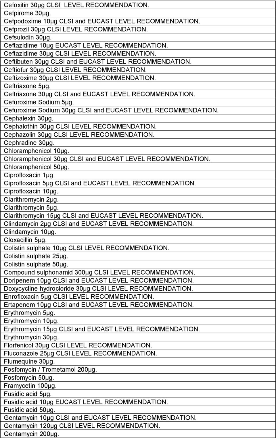 Ceftizoxime 30μg CLSΙ LEVEL RECOMMENDATION. Ceftriaxone 5μg. Ceftriaxone 30μg CLSΙ and EUCAST LEVEL RECOMMENDATION. Cefuroxime Sodium 5μg. Cefuroxime Sodium 30μg CLSΙ and EUCAST LEVEL RECOMMENDATION.