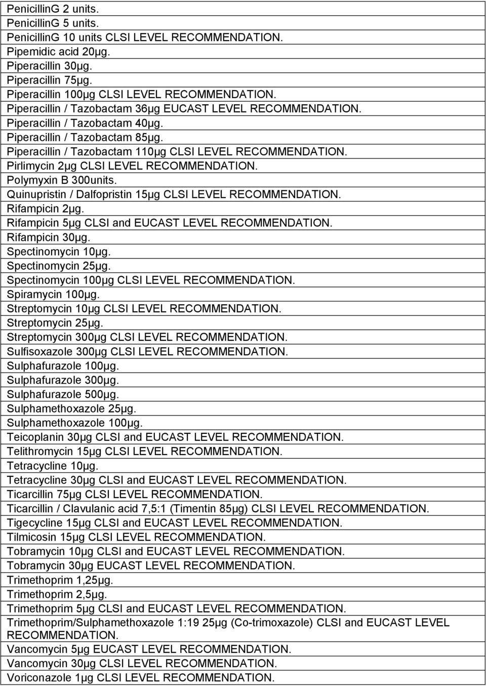 Pirlimycin 2μg CLSI LEVEL RECOMMENDATION. Polymyxin B 300units. Quinupristin / Dalfopristin 5μg CLSΙ LEVEL RECOMMENDATION. Rifampicin 2μg. Rifampicin 5μg CLSΙ and EUCAST LEVEL RECOMMENDATION.