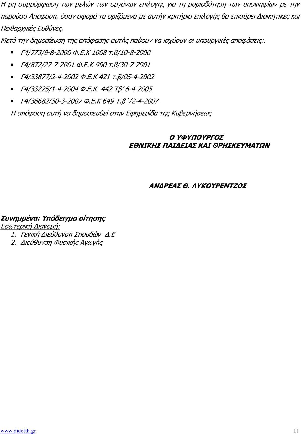 β/30-7-2001 Γ4/33877/2-4-2002 Φ.Ε.Κ 421 τ.β/05-4-2002 Γ4/33225/1-4-2004 Φ.Ε.Κ 442 Τβ 6-4-2005 Γ4/36682/30-3-2007 Φ.Ε.Κ 649 Τ.