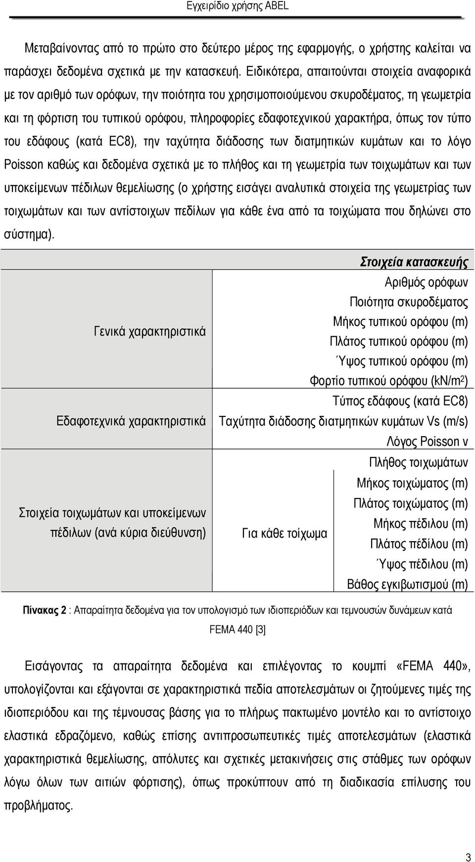 χαρακτήρα, όπως τον τύπο του εδάφους (κατά EC8), την ταχύτητα διάδοσης των διατμητικών κυμάτων και το λόγο Posson καθώς και δεδομένα σχετικά με το πλήθος και τη γεωμετρία των τοιχωμάτων και των