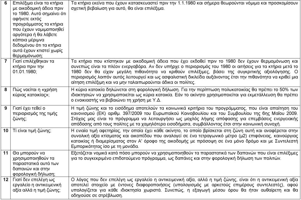 κτήρια πριν την 01.01.1980; 8 Πώς νοείται η «χρήση κύριας κατοικίας»; 9 Γιατί έχει τεθεί ο περιορισµός της τιµής ζώνης; Τα κτήρια εκείνα που έχουν κατασκευαστεί πριν την 1.1.1980 και σήµερα θεωρούνται νόµιµα και προσκοµίσουν σχετική βεβαίωση για αυτό, θα είναι επιλέξιµα.