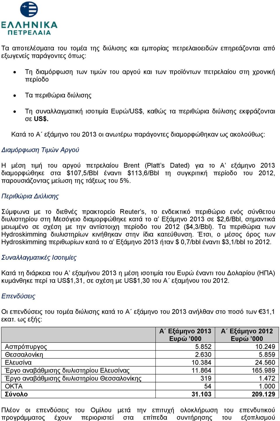 Κατά το Α εξάμηνο του 2013 οι ανωτέρω παράγοντες διαμορφώθηκαν ως ακολούθως: Διαμόρφωση Τιμών Αργού Η μέση τιμή του αργού πετρελαίου Brent (Platt s Dated) για το Α εξάμηνο 2013 διαμορφώθηκε στα