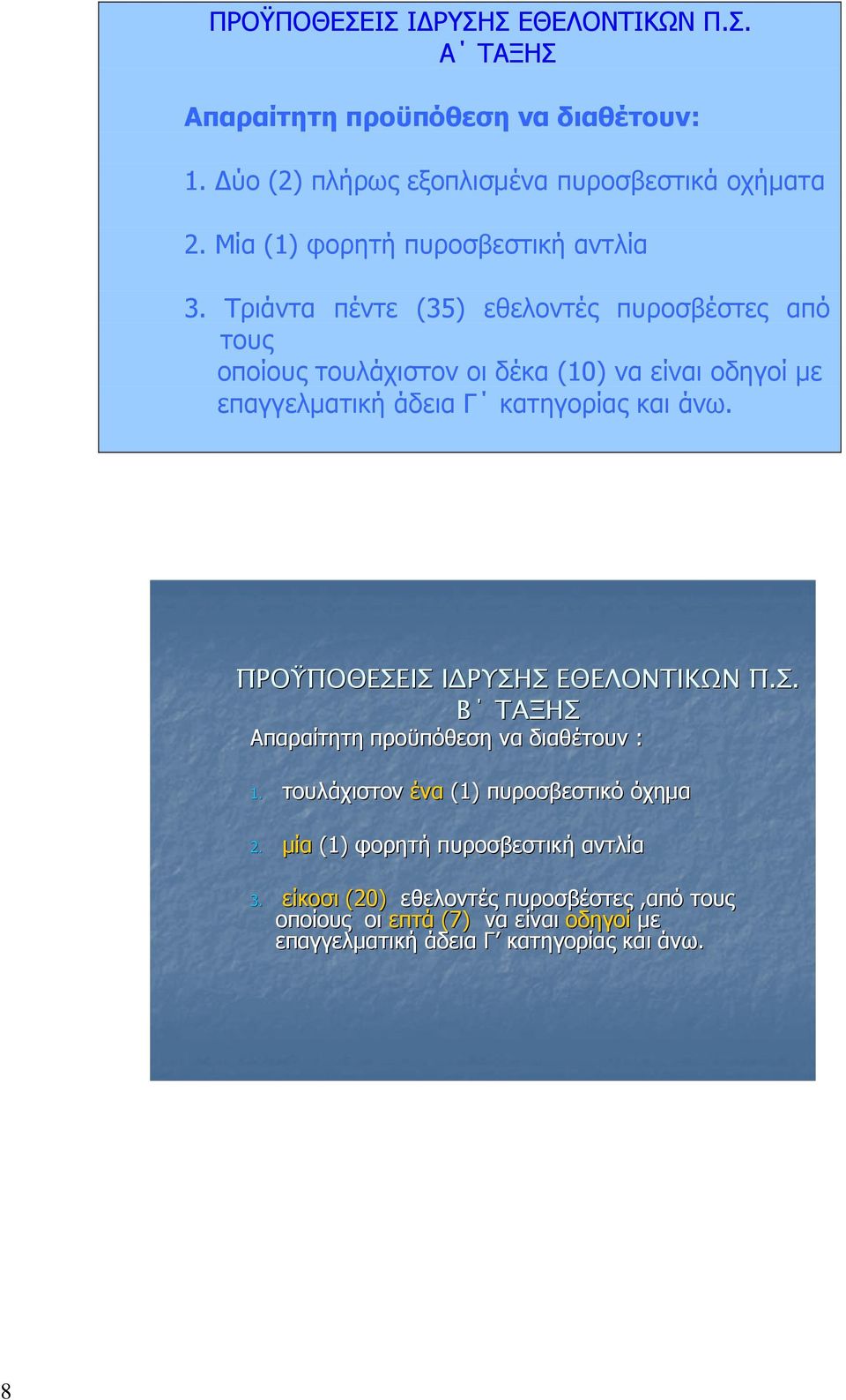 Τριάντα πέντε (35) εθελοντές πυροσβέστες από τους οποίους τουλάχιστον οι δέκα (10) να είναι οδηγοί με επαγγελματική άδεια Γ κατηγορίας και άνω.