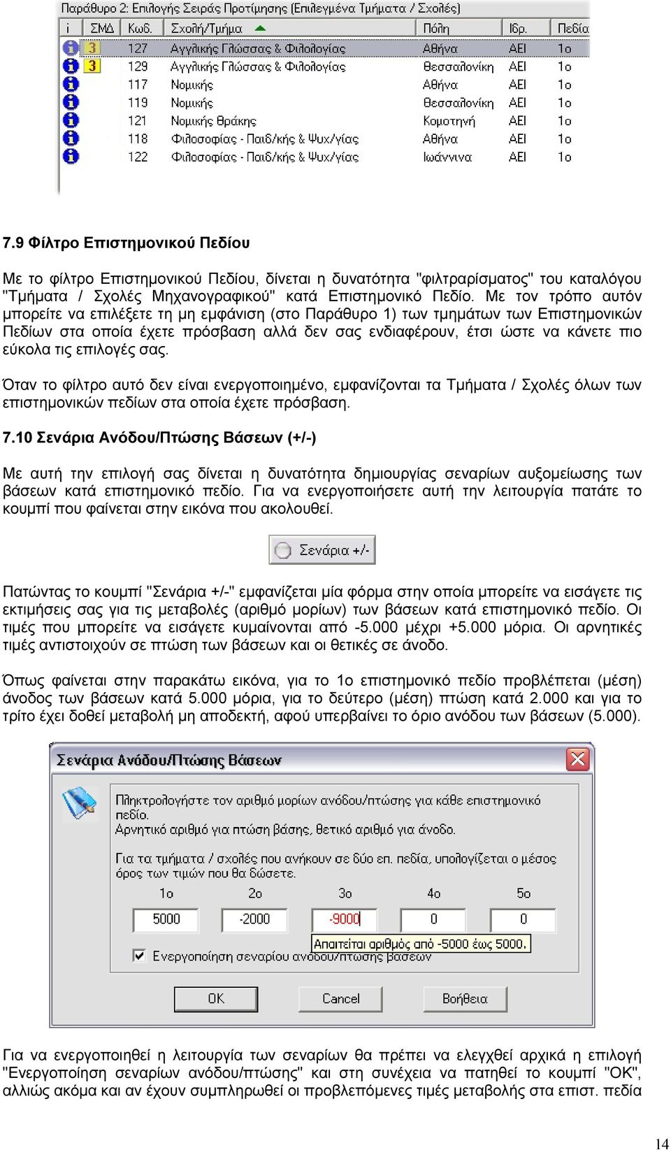 επιλογές σας. Όταν το φίλτρο αυτό δεν είναι ενεργοποιηµένο, εµφανίζονται τα Τµήµατα / Σχολές όλων των επιστηµονικών πεδίων στα οποία έχετε πρόσβαση. 7.