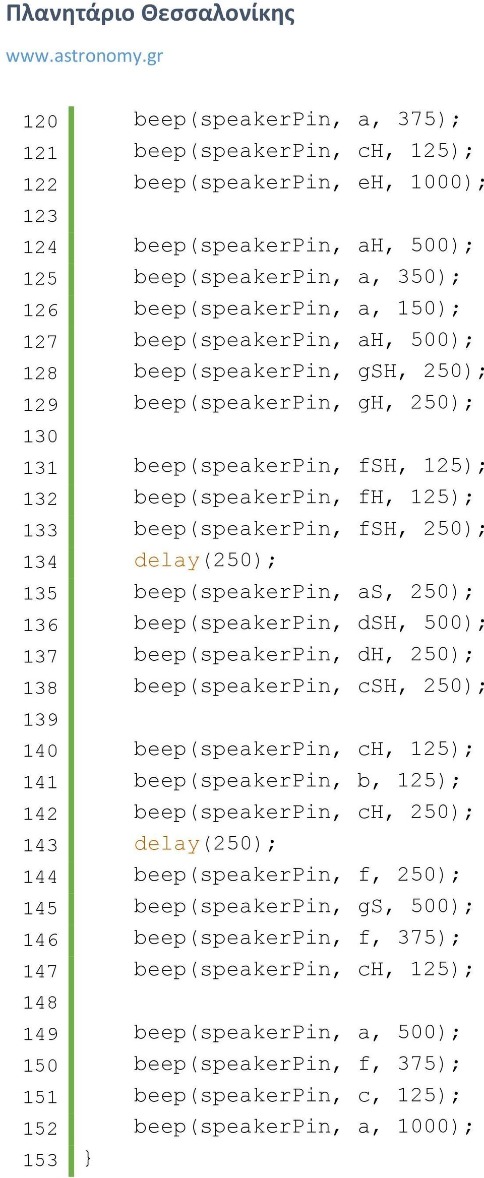 delay(250); 135 beep(speakerpin, as, 250); 136 beep(speakerpin, dsh, 500); 137 beep(speakerpin, dh, 250); 138 beep(speakerpin, csh, 250); 139 140 beep(speakerpin, ch, 125); 141 beep(speakerpin, b,