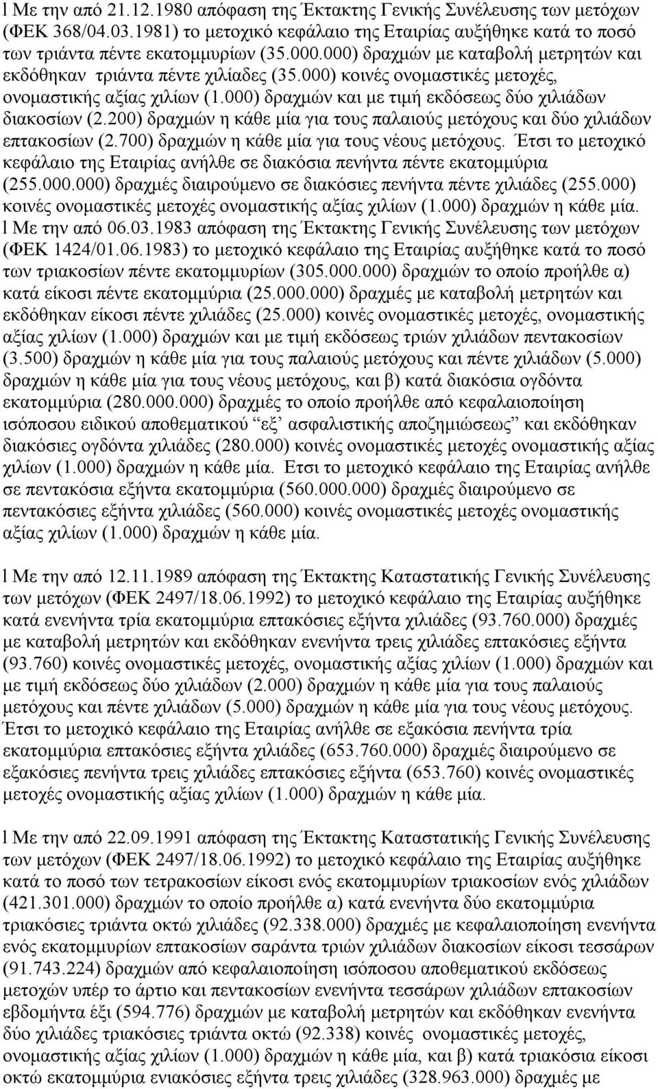 200) δραχµών η κάθε µία για τους παλαιούς µετόχους και δύο χιλιάδων επτακοσίων (2.700) δραχµών η κάθε µία για τους νέους µετόχους.