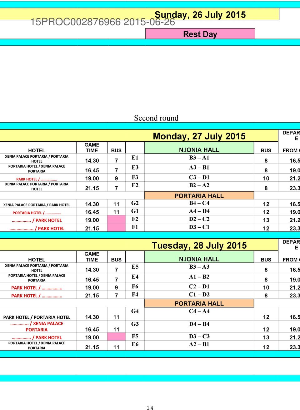 3 PORTARIA HALL XENIA PALACE PORTARIA / PARK HOTEL 14.30 11 G2 B4 C4 12 16.5 PORTARIA HOTEL /. 16.45 11 G1 A4 D4 12 19.0. / PARK HOTEL 19.00 F2 D2 C2 13 21.2.. / PARK HOTEL 21.15 F1 D3 C1 12 23.