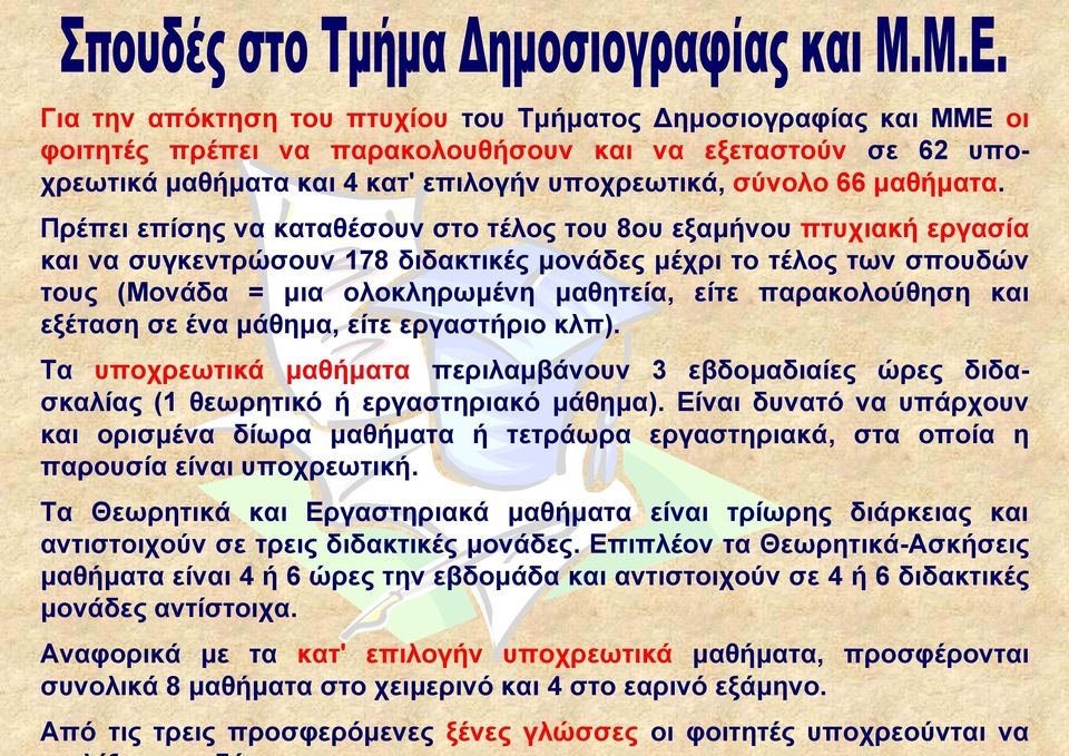 παρακολούθηση και εξέταση σε ένα μάθημα, είτε εργαστήριο κλπ). Tα υποχρεωτικά μαθήματα περιλαμβάνουν 3 εβδομαδιαίες ώρες διδασκαλίας (1 θεωρητικό ή εργαστηριακό μάθημα).