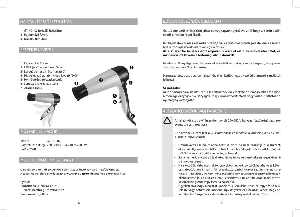 6) Sebesség fokozatkapcsoló 7) Akasztó karika Gratulálunk az új ion hajszárítójához, és meg vagyunk győződve arról, hogy sok öröme telik ebből a modern készülékből.