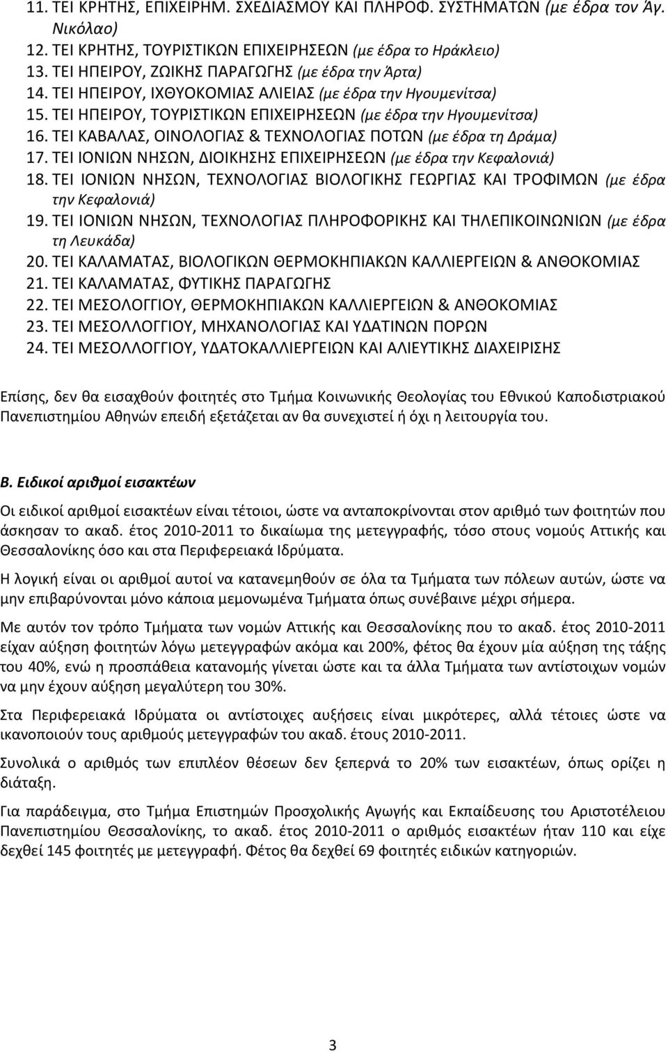 ΤΕΙ ΚΑΒΑΛΑΣ, ΟΙΝΟΛΟΓΙΑΣ & ΤΕΧΝΟΛΟΓΙΑΣ ΠΟΤΩΝ (με έδρα τη Δράμα) 17. ΤΕΙ ΙΟΝΙΩΝ ΝΗΣΩΝ, ΔΙΟΙΚΗΣΗΣ ΕΠΙΧΕΙΡΗΣΕΩΝ (με έδρα την Κεφαλονιά) 18.