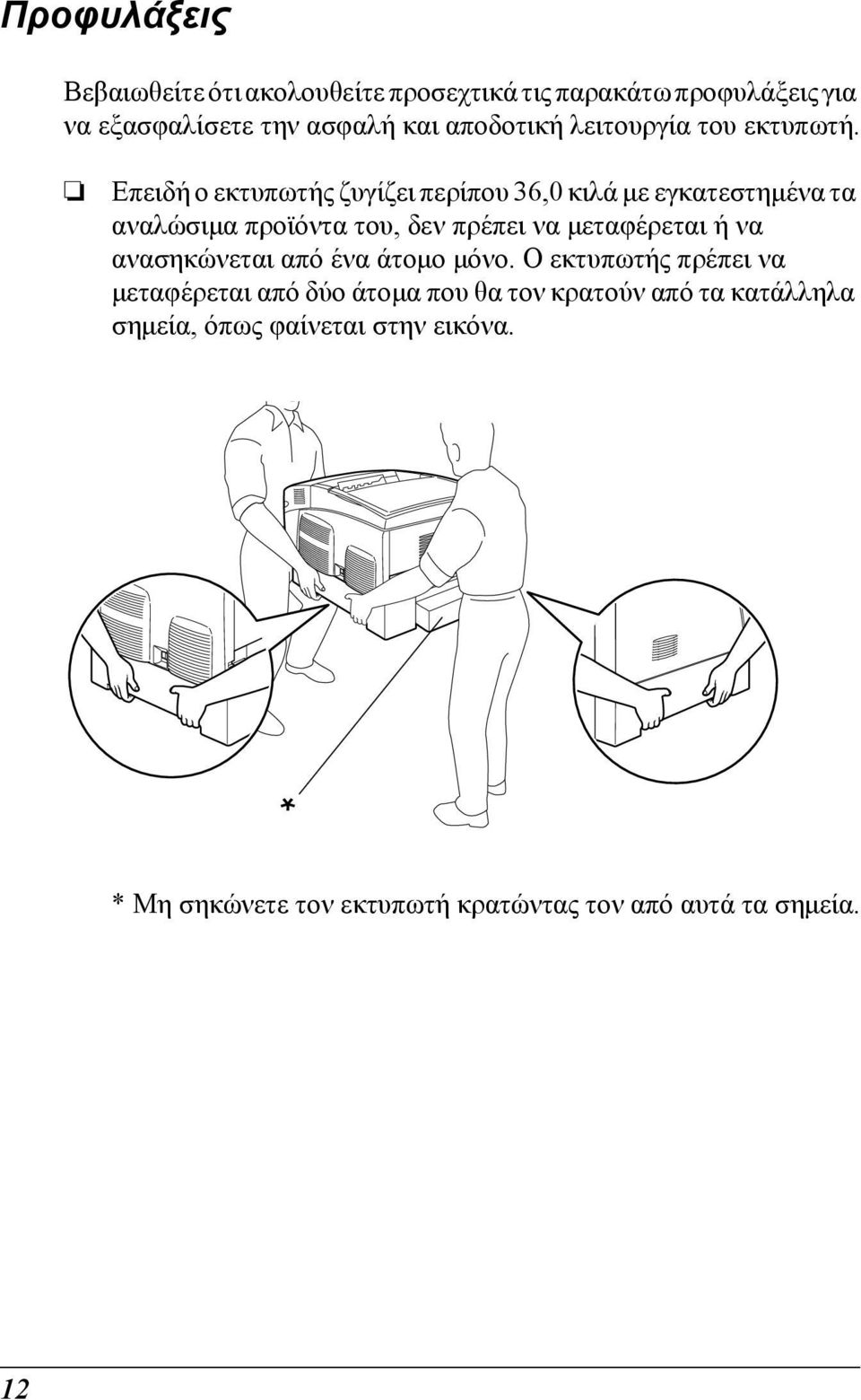 Επειδή ο εκτυπωτής ζυγίζει περίπου 6,0 κιλά µε εγκατεστηµένα τα αναλώσιµα προϊόντα του, δεν πρέπει να µεταφέρεται ή να