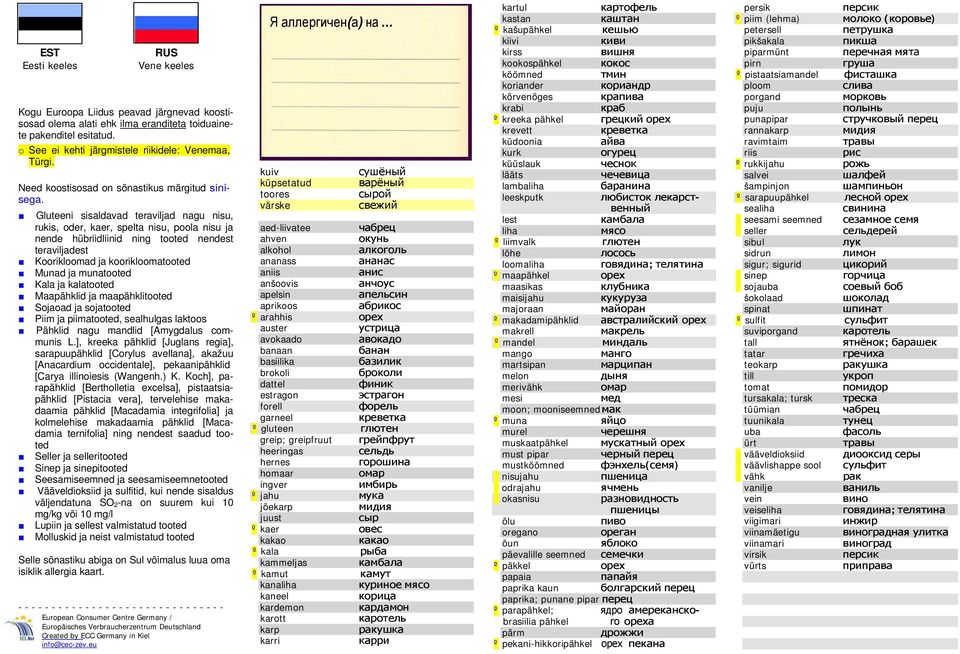 броколи финик эстрагон форель креветка º gluteen глютен грейпфрут сельдь горошина омар имбирь º jahu мука jõe мидия сыр º kaer овес какао º kala рыба камбала º камут kana куриное мясо корица кардамон