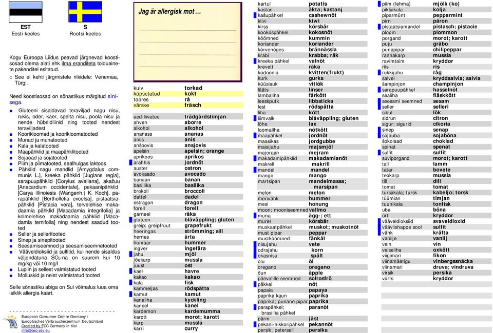 räka blåväppling; grapefrukt strömming; sill ärta hummer ingefära jõe mjöl mussla ost havre fisk rödspätta kana kyckling kanel kardemumma morot; mussla curry potatis äkta; j cashewnöt körsbär