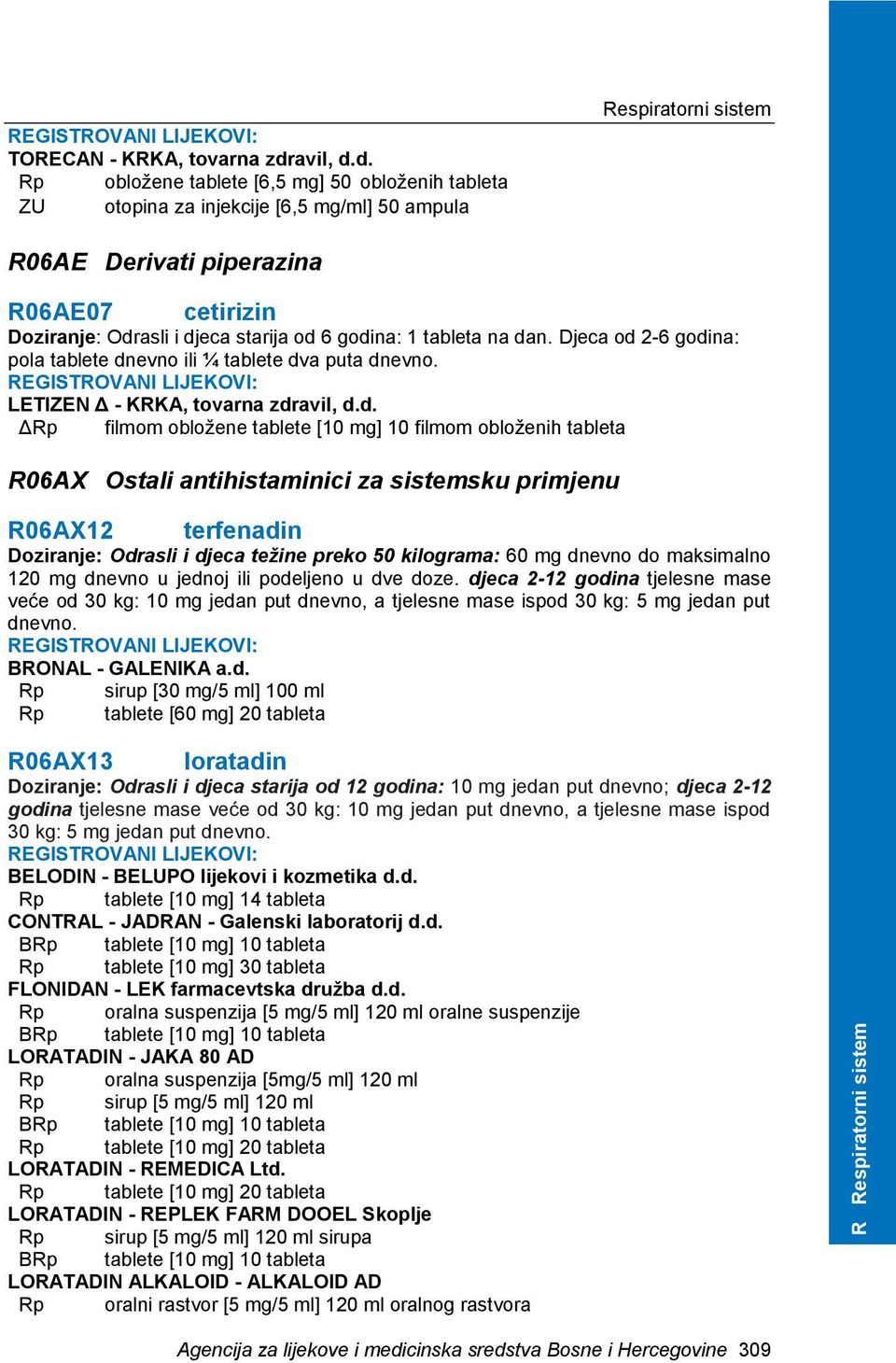 d. Rp obložene tablete [6,5 mg] 50 obloženih tableta ZU otopina za injekcije [6,5 mg/ml] 50 ampula Respiratorni sistem R06AE Derivati piperazina R06AE07 cetirizin Doziranje: Odrasli i djeca starija