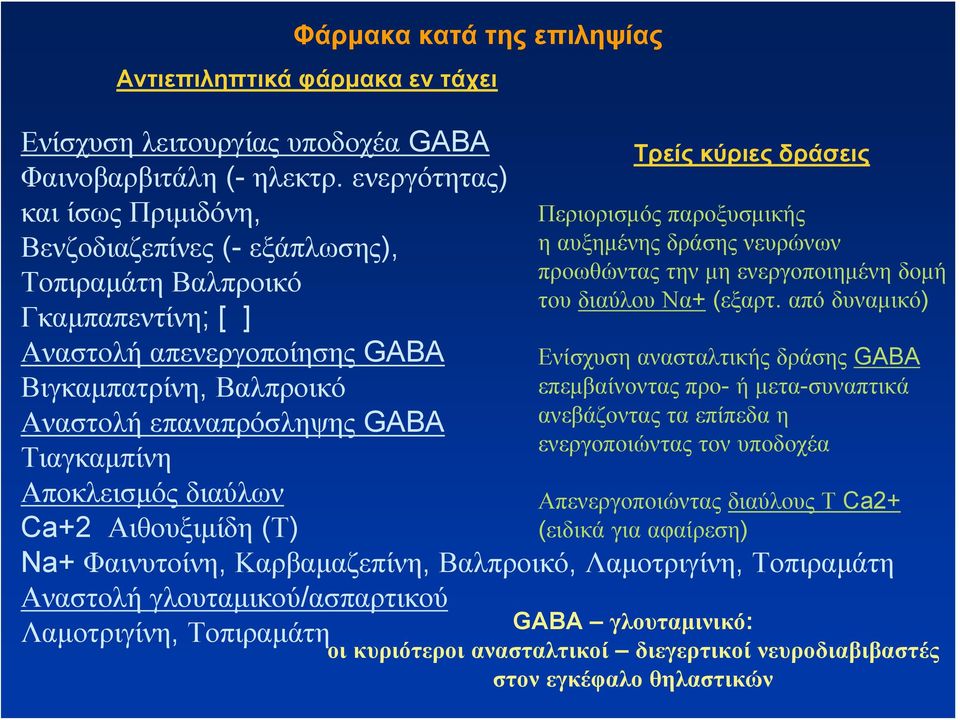 Αποκλεισμός διαύλων Ca+2 Αιθουξιμίδη (Τ) Na+ Φαινυτοίνη, Καρβαμαζεπίνη, Βαλπροικό, Λαμοτριγίνη, Τοπιραμάτη Αναστολή γλουταμικού/ασπαρτικού Λαμοτριγίνη, Τοπιραμάτη Περιορισμός παροξυσμικής η αυξημένης