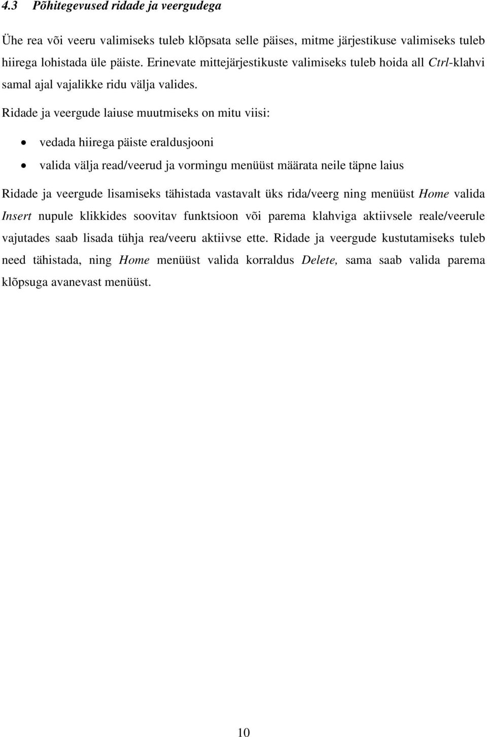 Ridade ja veergude laiuse muutmiseks on mitu viisi: vedada hiirega päiste eraldusjooni valida välja read/veerud ja vormingu menüüst määrata neile täpne laius Ridade ja veergude lisamiseks tähistada