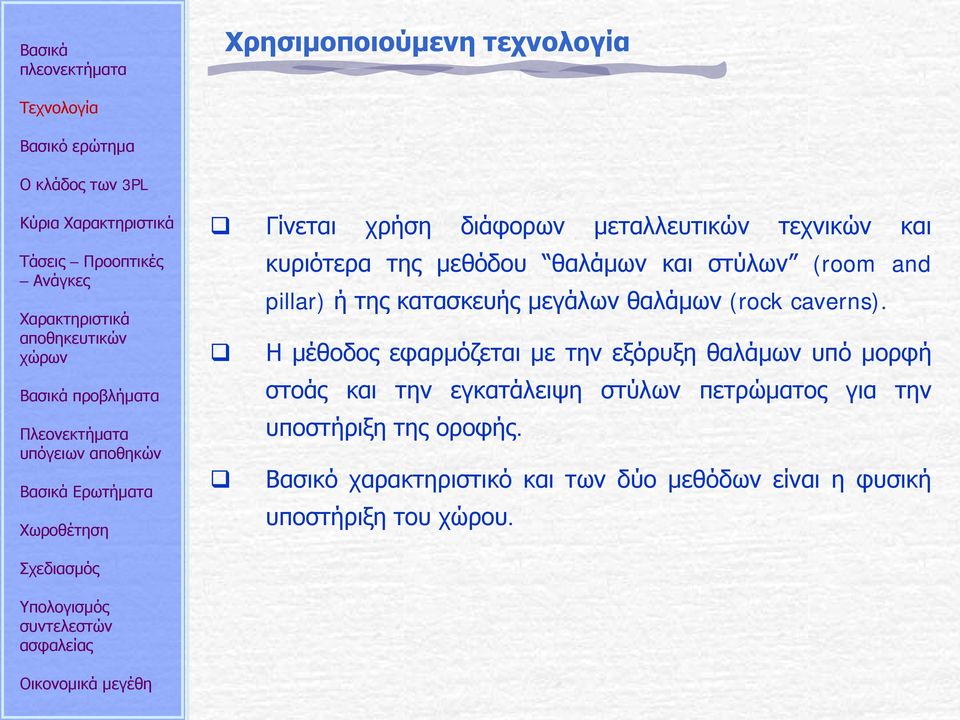 Η μέθοδος εφαρμόζεται με την εξόρυξη θαλάμων υπό μορφή στοάς και την εγκατάλειψη στύλων πετρώματος