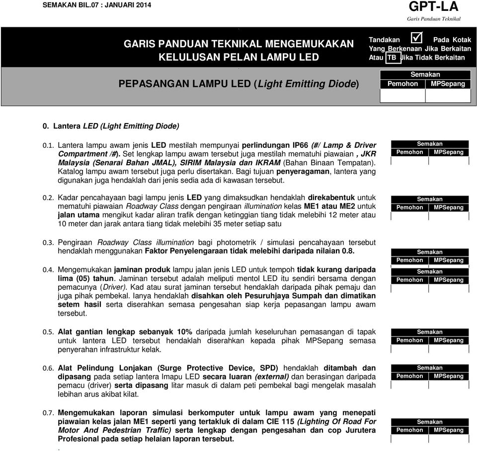 Berkaitan 0. Lantera LED (Light Emitting Diode) 0.1. Lantera lampu awam jenis LED mestilah mempunyai perlindungan IP66 (#/ Lamp & Driver Compartment /#).