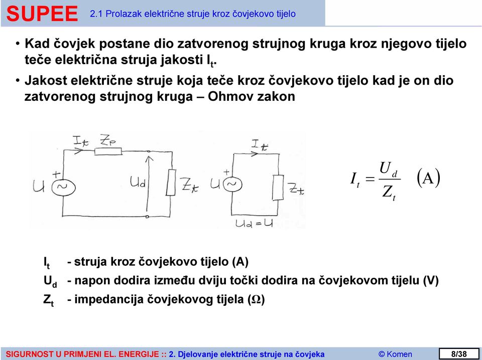 Jakost električne struje koja teče kroz čovjekovo tijelo kad je on dio zatvorenog strujnog kruga Ohmov zakon