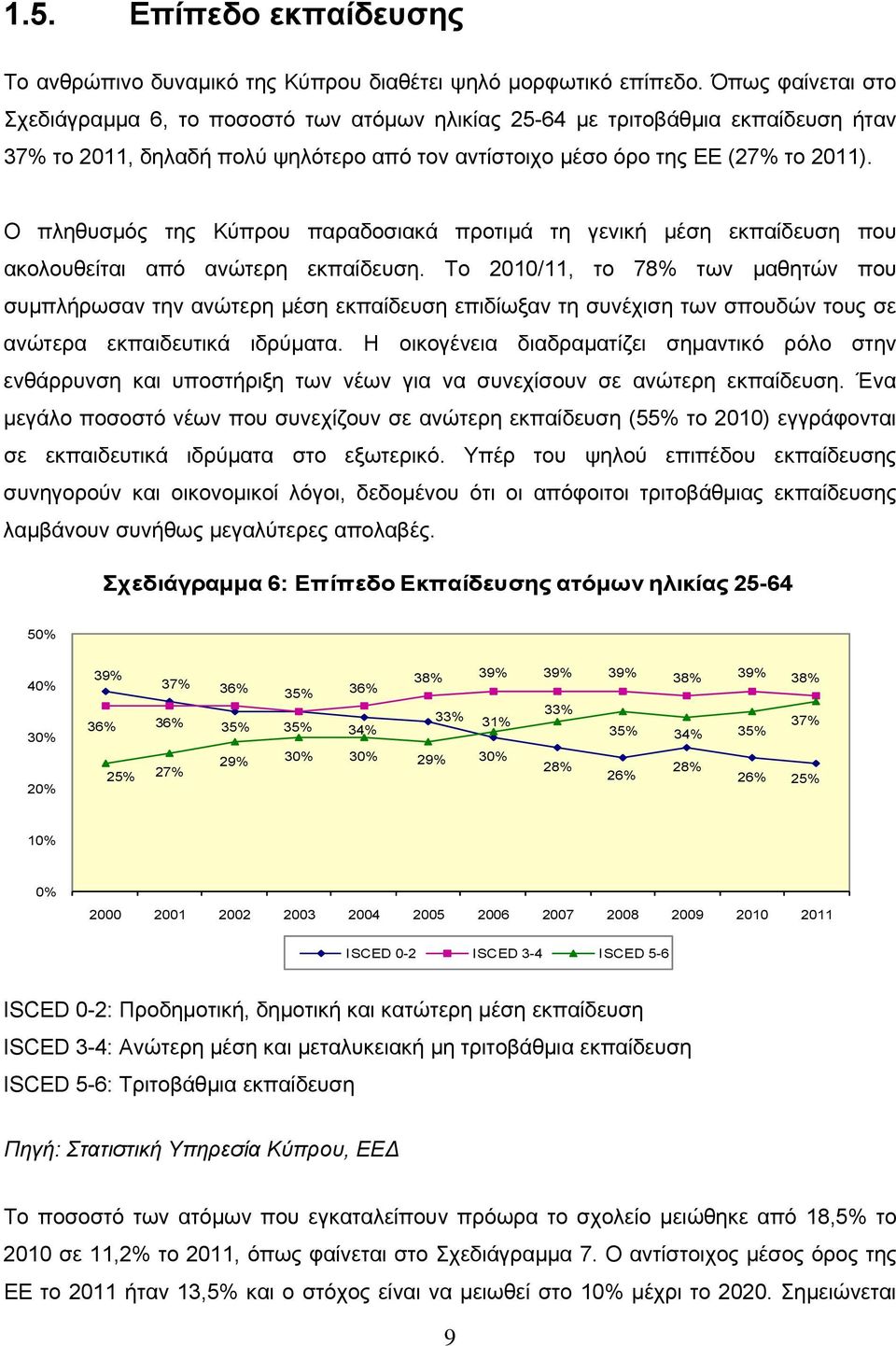 Ο πληθυσμός της Κύπρου παραδοσιακά προτιμά τη γενική μέση εκπαίδευση που ακολουθείται από ανώτερη εκπαίδευση.