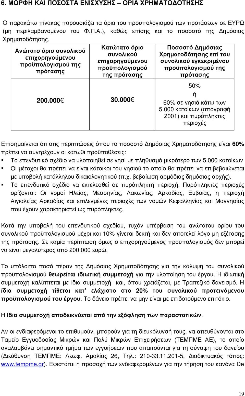 000 Ποσοστό ηµόσιας Χρηµατοδότησης επί του συνολικού εγκεκριµένου προϋπολογισµού της πρότασης 50% ή 60% σε νησιά κάτω των 5.