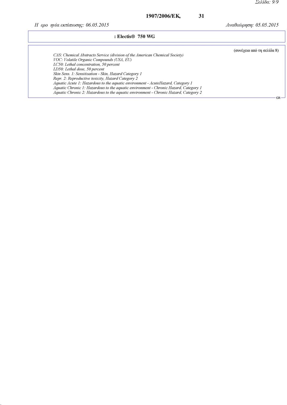 2: Reproductive toxicity, Hazard Category 2 Aquatic Acute 1: Hazardous to the aquatic environment - AcuteHazard, Category 1 Aquatic Chronic 1: