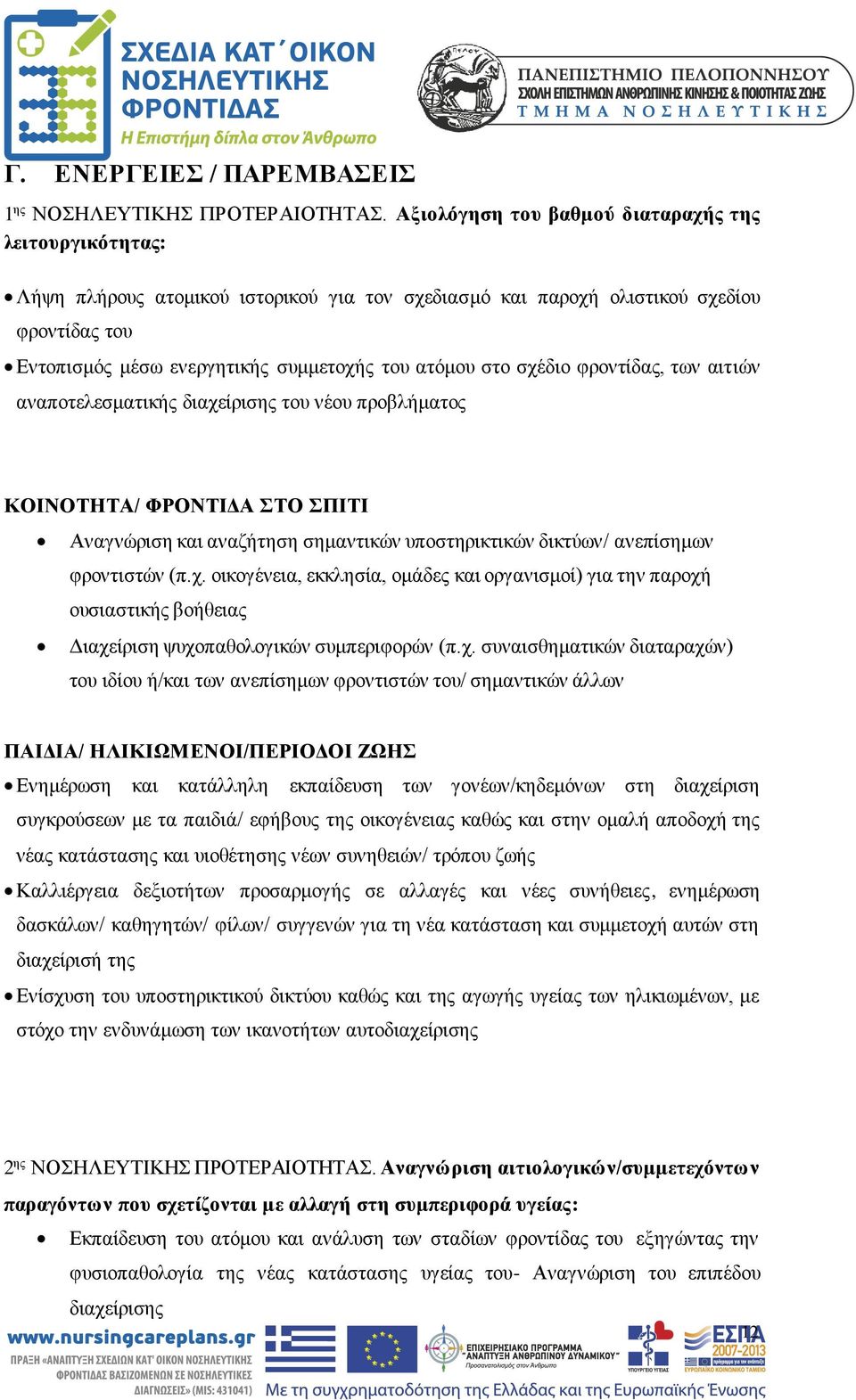 στο σχέδιο φροντίδας, των αιτιών αναποτελεσματικής διαχείρισης του νέου προβλήματος ΚΟΙΝΟΤΗΤΑ/ ΦΡΟΝΤΙΔΑ ΣΤΟ ΣΠΙΤΙ Αναγνώριση και αναζήτηση σημαντικών υποστηρικτικών δικτύων/ ανεπίσημων φροντιστών (π.