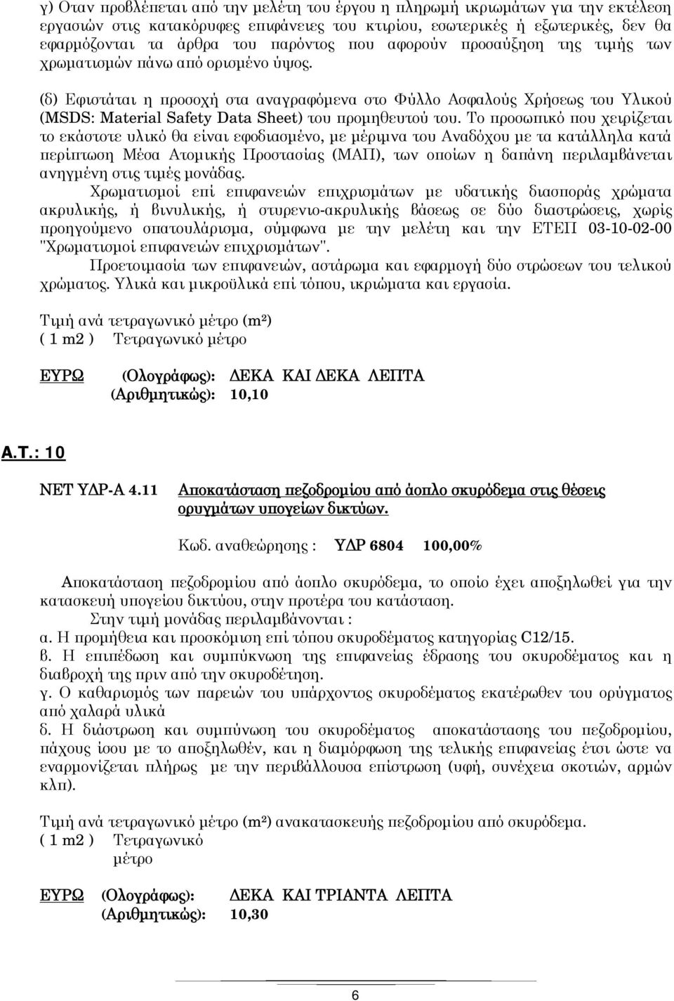 (δ) Εφιστάται η προσοχή στα αναγραφόμενα στο Φύλλο Ασφαλούς Χρήσεως του Υλικού (MSDS: Material Safety Data Sheet) του προμηθευτού του.