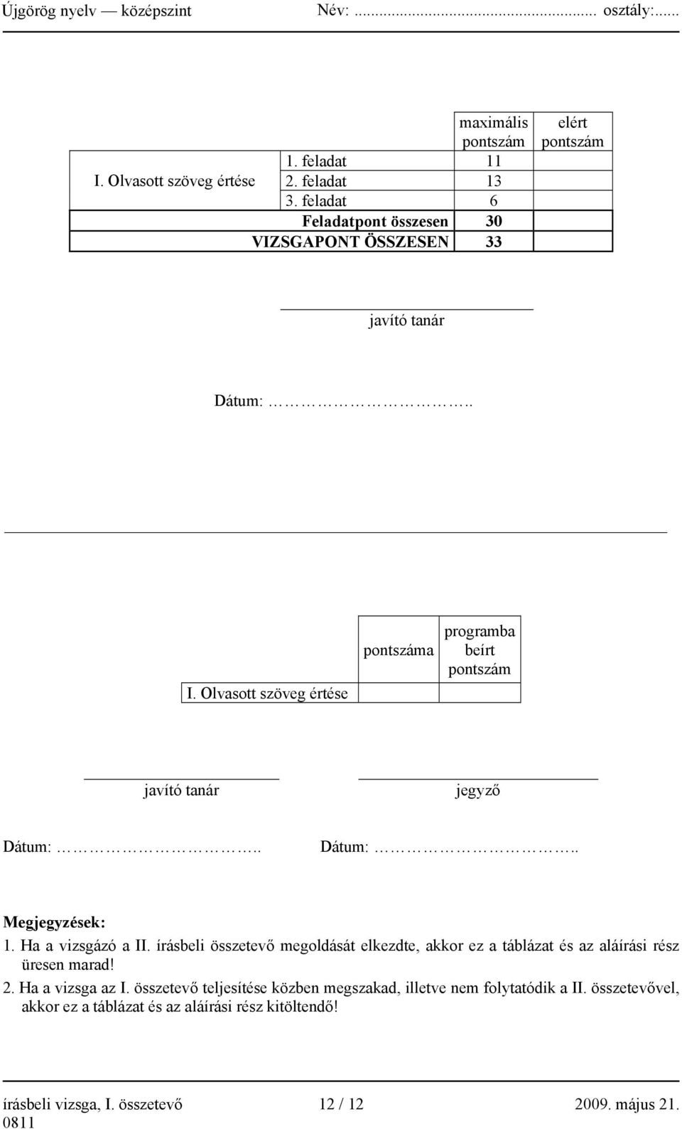 Olvasott szöveg értése pontszáma programba beírt pontszám javító tanár jegyző Dátum:.. Dátum:.. Megjegyzések: 1. Ha a vizsgázó a II.