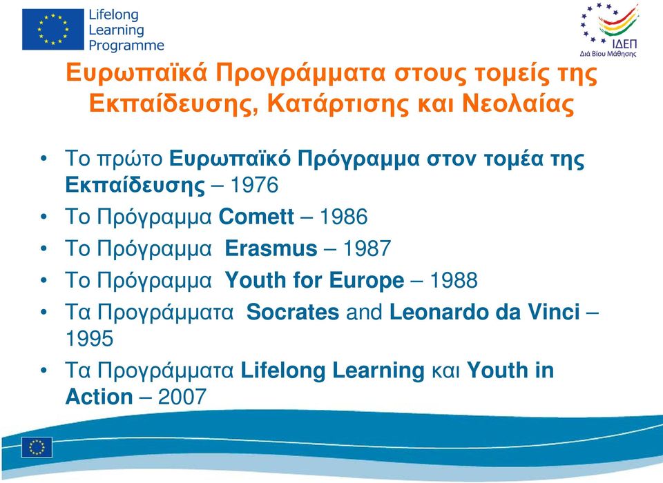 Το Πρόγραμμα Erasmus 1987 Το Πρόγραμμα Youth for Europe 1988 Τα Προγράμματα