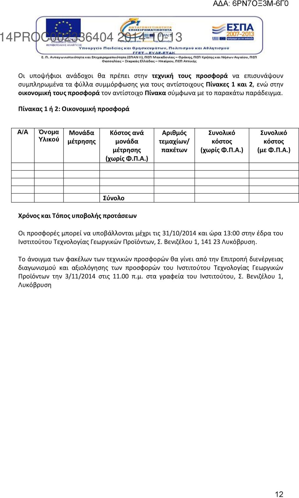 ) Αριθμός τεμαχίων/ πακέτων Συνολικό κόστος (χωρίς Φ.Π.Α.) Συνολικό κόστος (με Φ.Π.Α.) Σύνολο Χρόνος και Τόπος υποβολής προτάσεων Οι προσφορές μπορεί να υποβάλλονται μέχρι τις 31/10/2014 και ώρα 13:00 στην έδρα του Ινστιτούτου Τεχνολογίας Γεωργικών Προϊόντων, Σ.