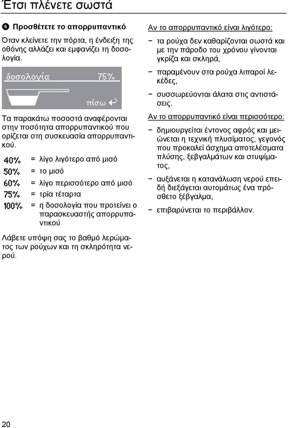 40% 50% 60% 75% 100% = λίγο λιγότερο από µισό = το µισό = λίγο περισσότερο από µισό = τρία τέταρτα = η δοσολογία που προτείνει ο παρασκευαστής απορρυπαντικού Αν το απορρυπαντικό είναι λιγότερο: τα